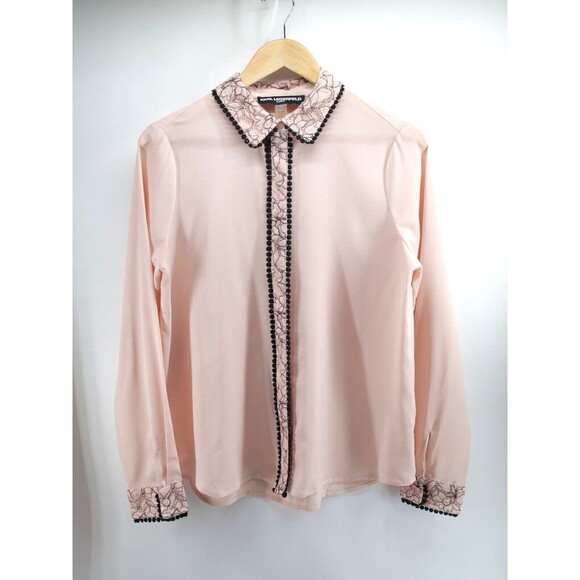 Karl Lagerfeld‎ Blouse Womens Medium Pink Peach Button Cuff Collar Lace Trim - Picture 1 of 8